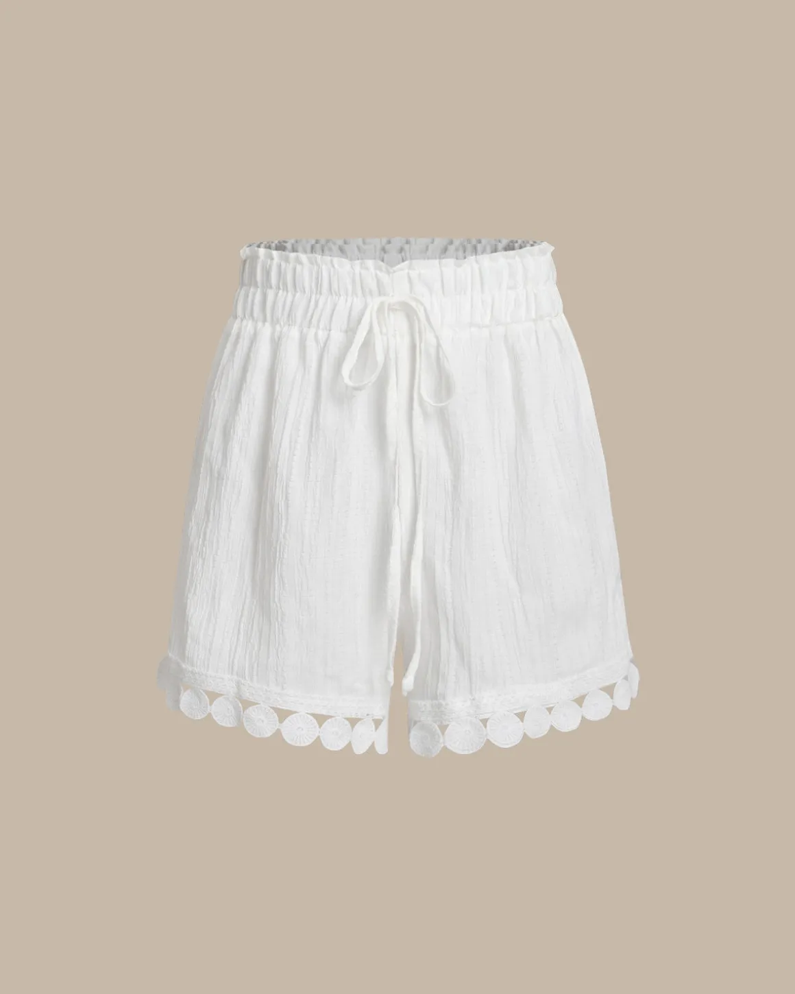 White Textured Tie Waist Shorts