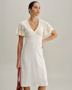 White Textured V-Neck Midi Dress