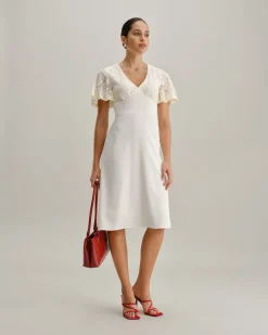 White Textured V-Neck Midi Dress
