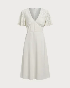 White Textured V-Neck Midi Dress