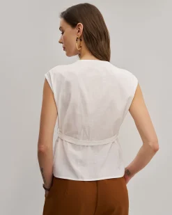 White V Neck Belted Tank Top