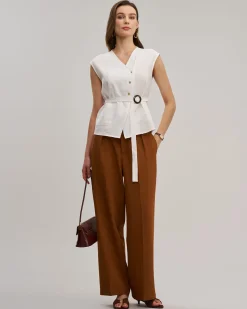 White V Neck Belted Tank Top