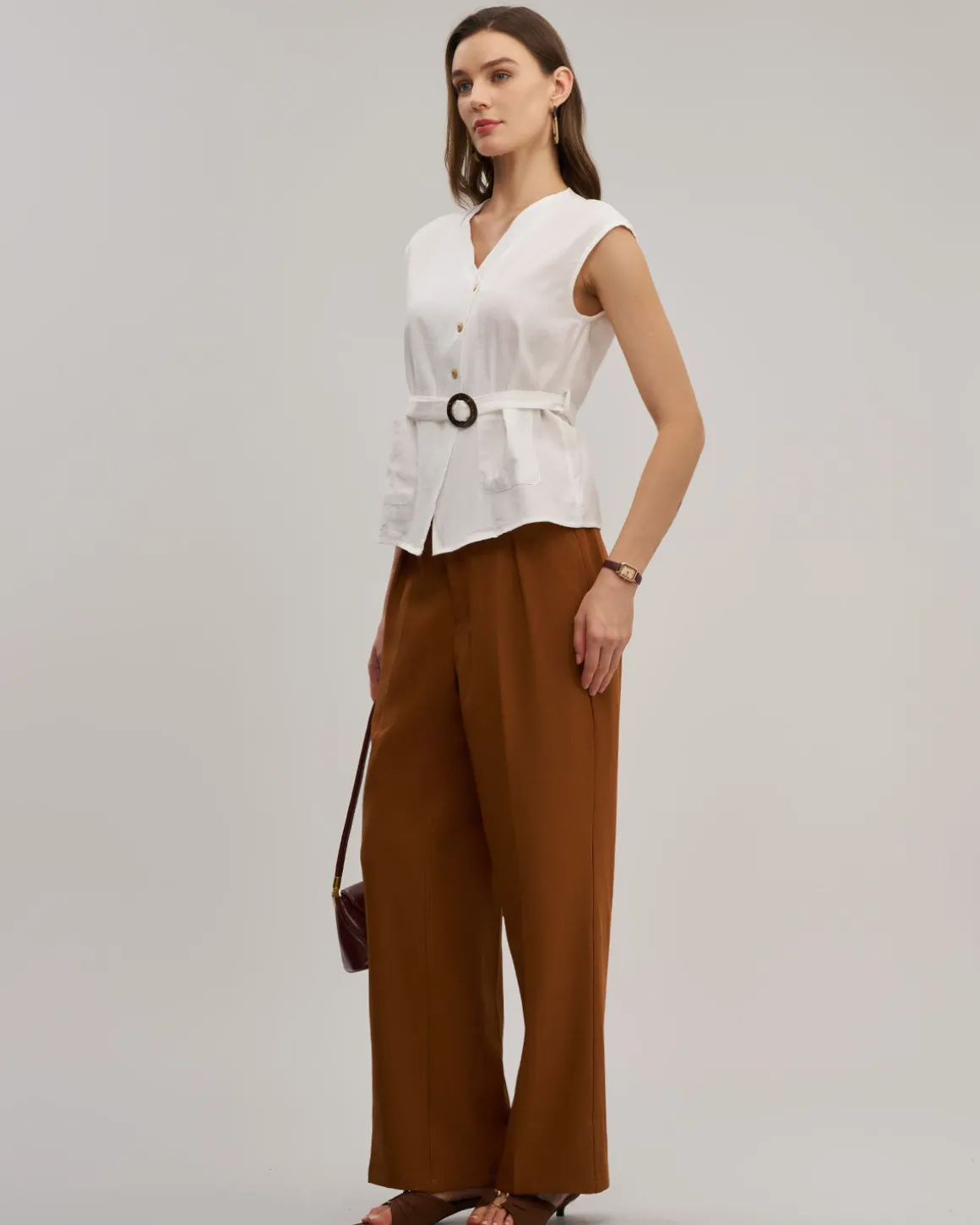 White V Neck Belted Tank Top