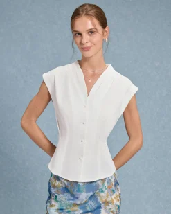 White V Neck Button Tee