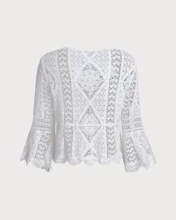 White V Neck Crochet Bell Sleeve Blouse