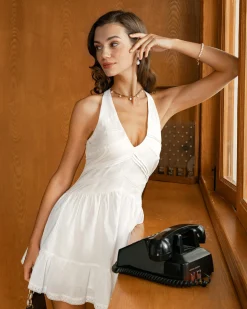 White V Neck Pleated Backless Mini Dress