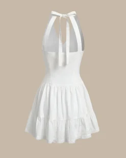White V Neck Pleated Backless Mini Dress