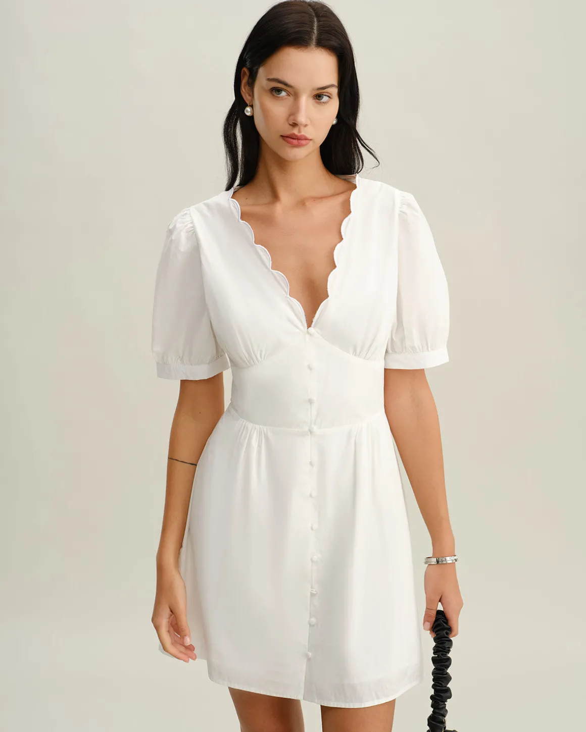 White V-Neck Ruched Mini Dress