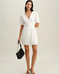 White V-Neck Ruched Mini Dress