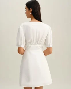 White V-Neck Ruched Mini Dress