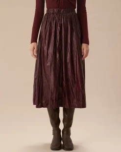 Wine Red Elastic Waist Ruched Midi Skirt