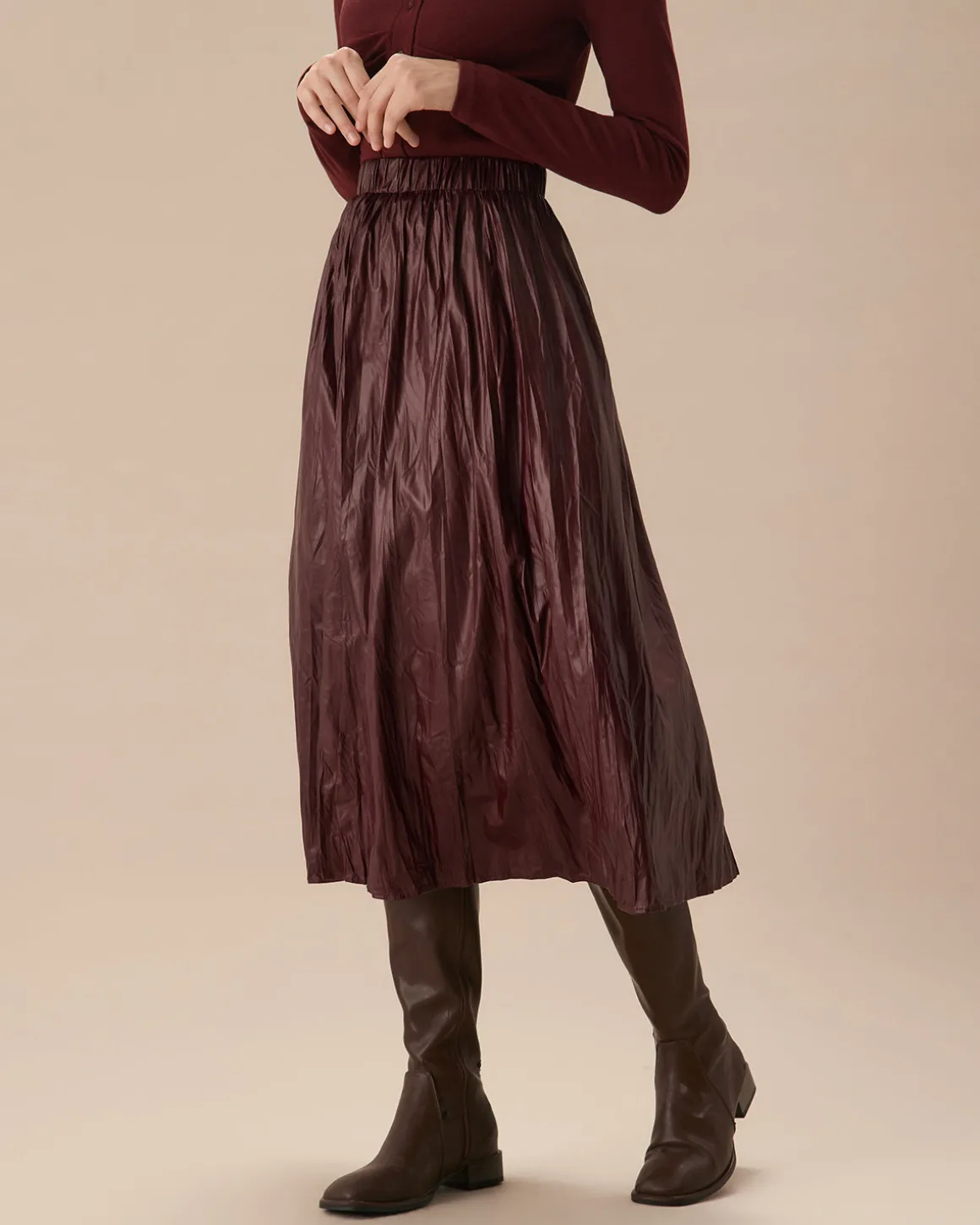 Wine Red Elastic Waist Ruched Midi Skirt