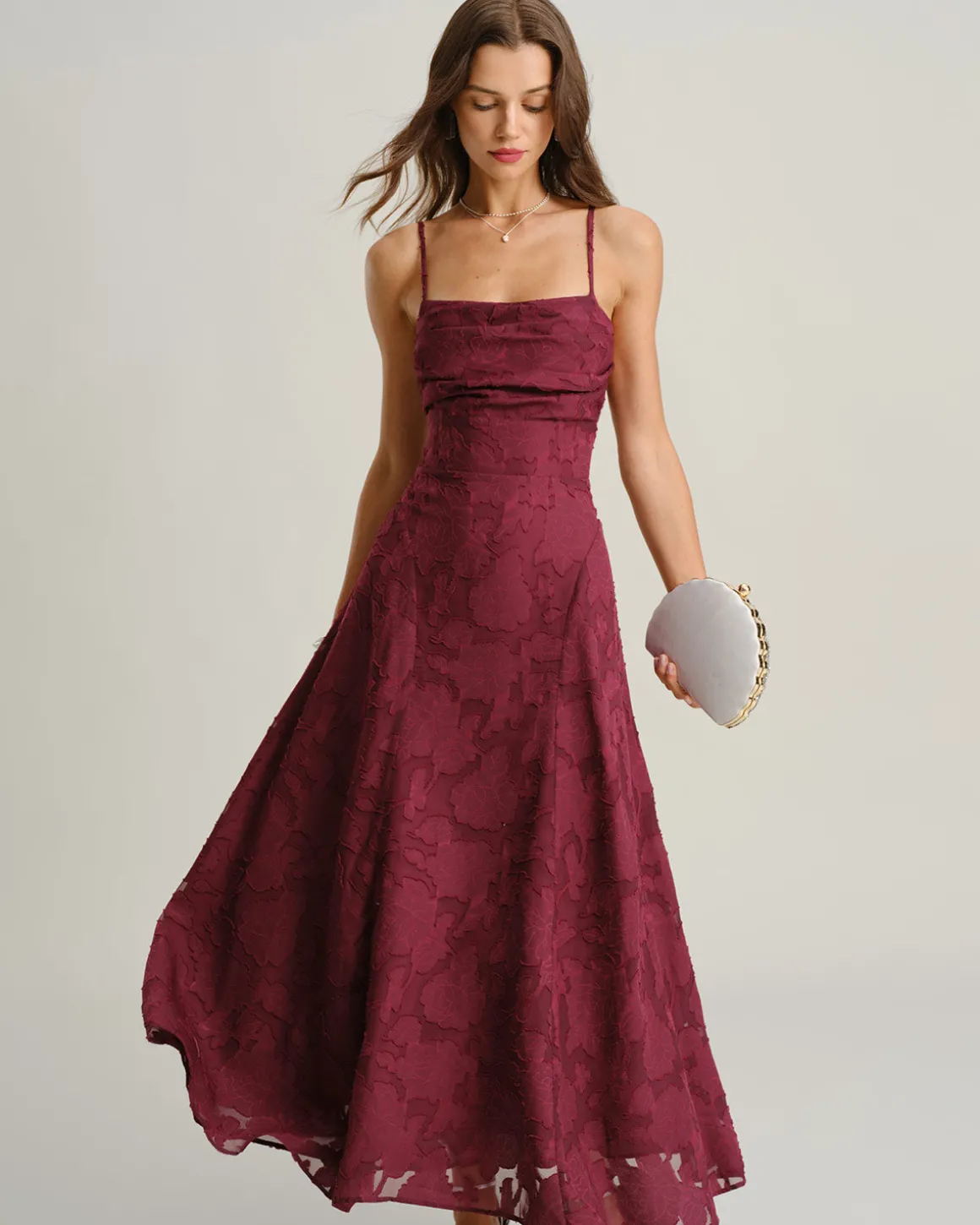 Wine Red Jacquard Slip Maxi Dress
