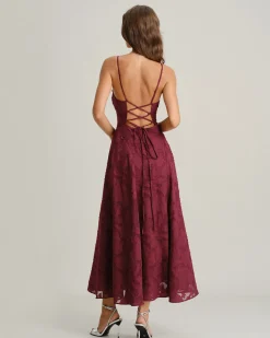 Wine Red Jacquard Slip Maxi Dress