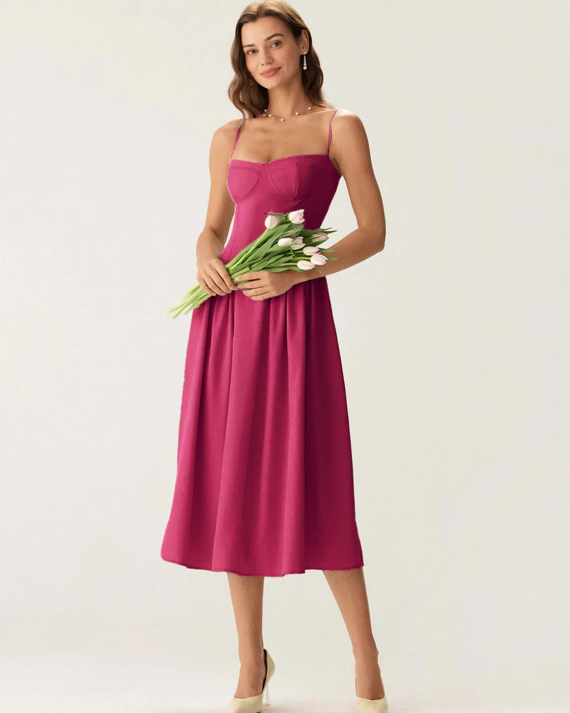 Wine Red Square Neck Pocket Slip Midi Dress