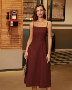 Wine Red Square Neck Shirred Slip Midi Dress