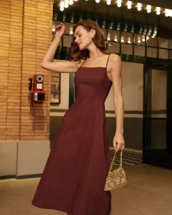 Wine Red Square Neck Shirred Slip Midi Dress