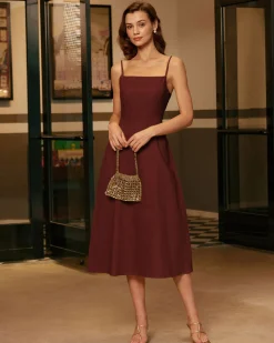 Wine Red Square Neck Shirred Slip Midi Dress