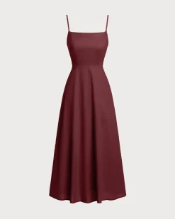 Wine Red Square Neck Shirred Slip Midi Dress
