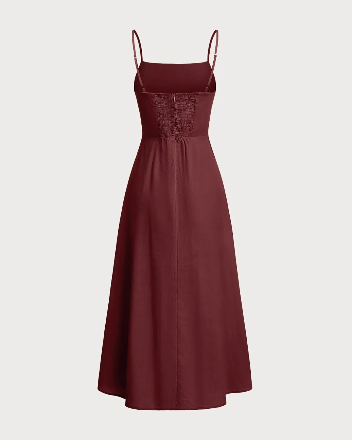 Wine Red Square Neck Shirred Slip Midi Dress