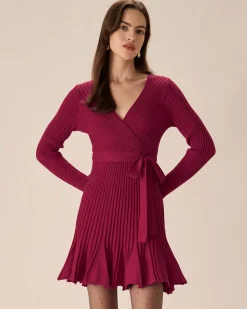 Wine Red Wrap Sweater Mini Dress