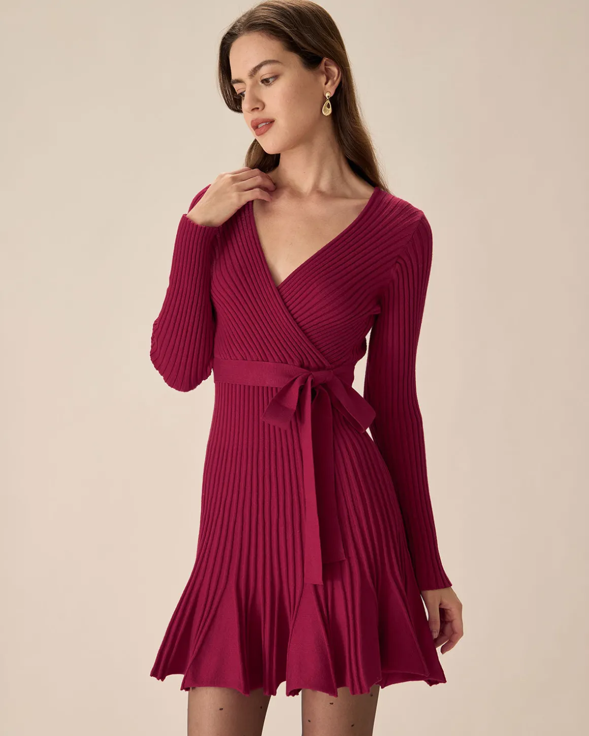 Wine Red Wrap Sweater Mini Dress