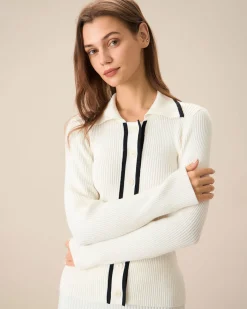 Women's Beige Contrasting Single-Breasted Cardigan