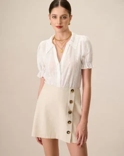 Women's Beige High-Waisted Cotton Button Mini Skirt