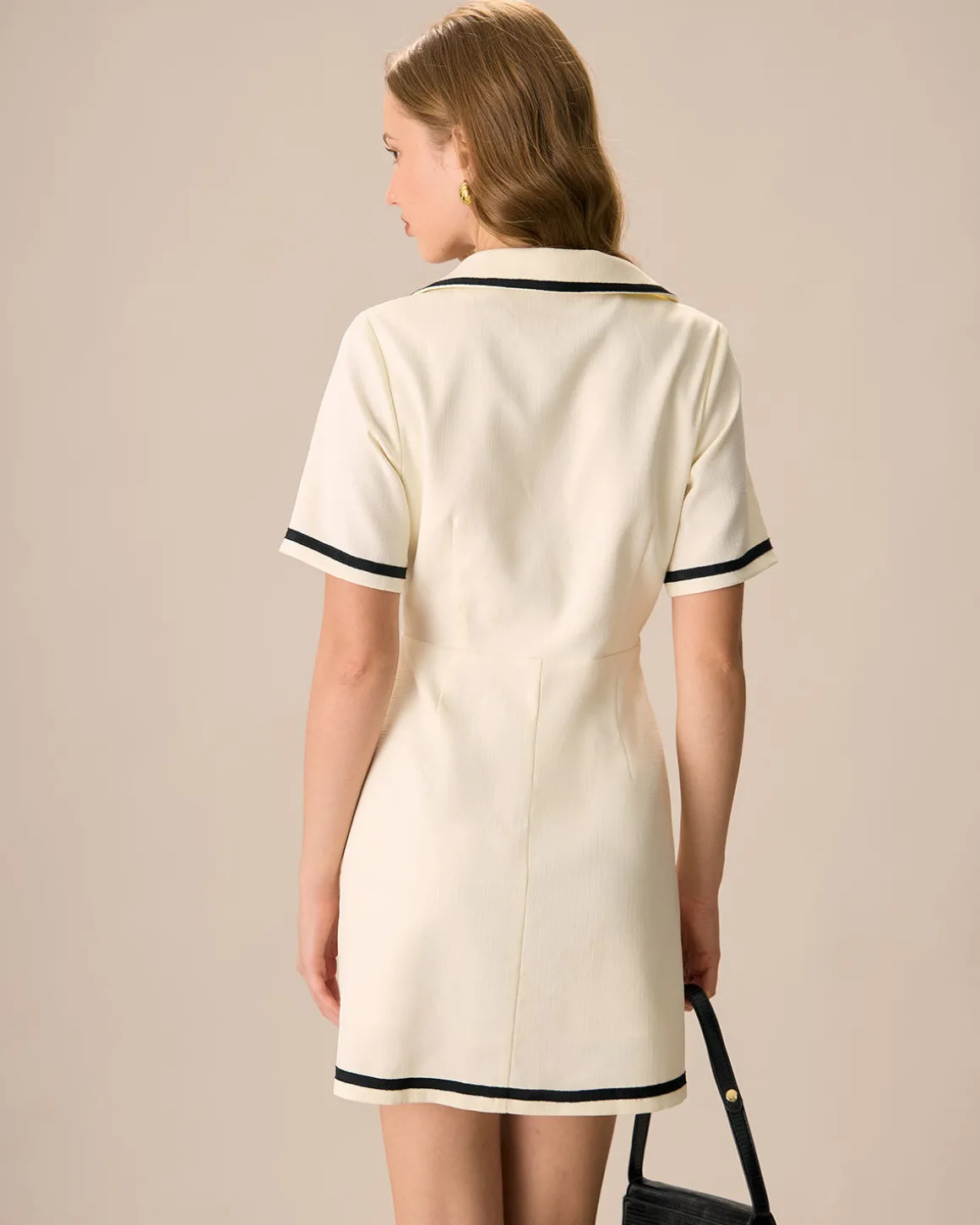 Women's Beige Lapel Contrasting Mini Dress