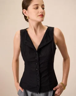 Women's Black Boat Neck Cotton Linen Vest