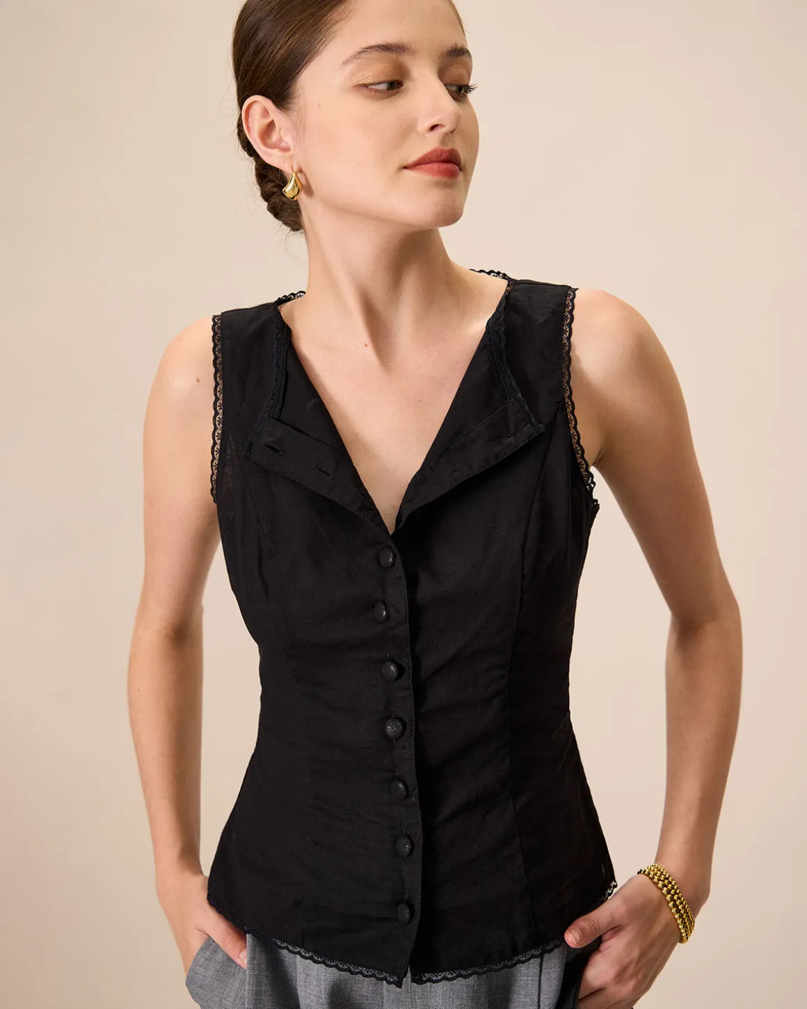 Women's Black Boat Neck Cotton Linen Vest