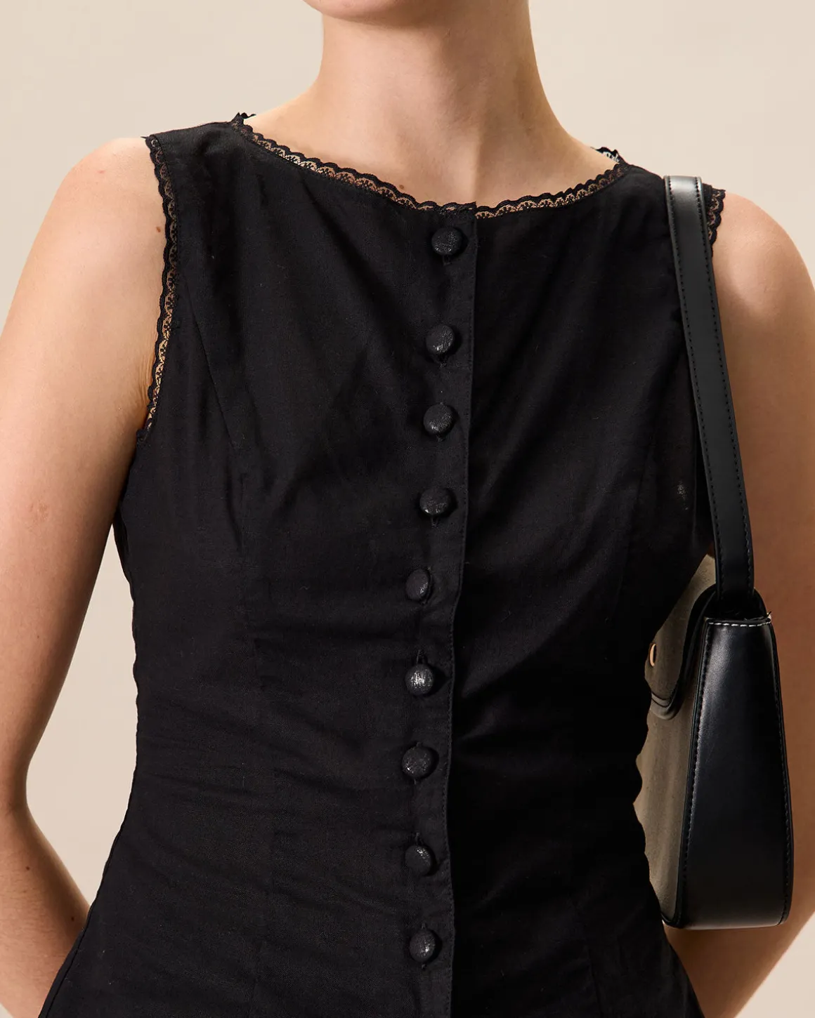 Women's Black Boat Neck Cotton Linen Vest