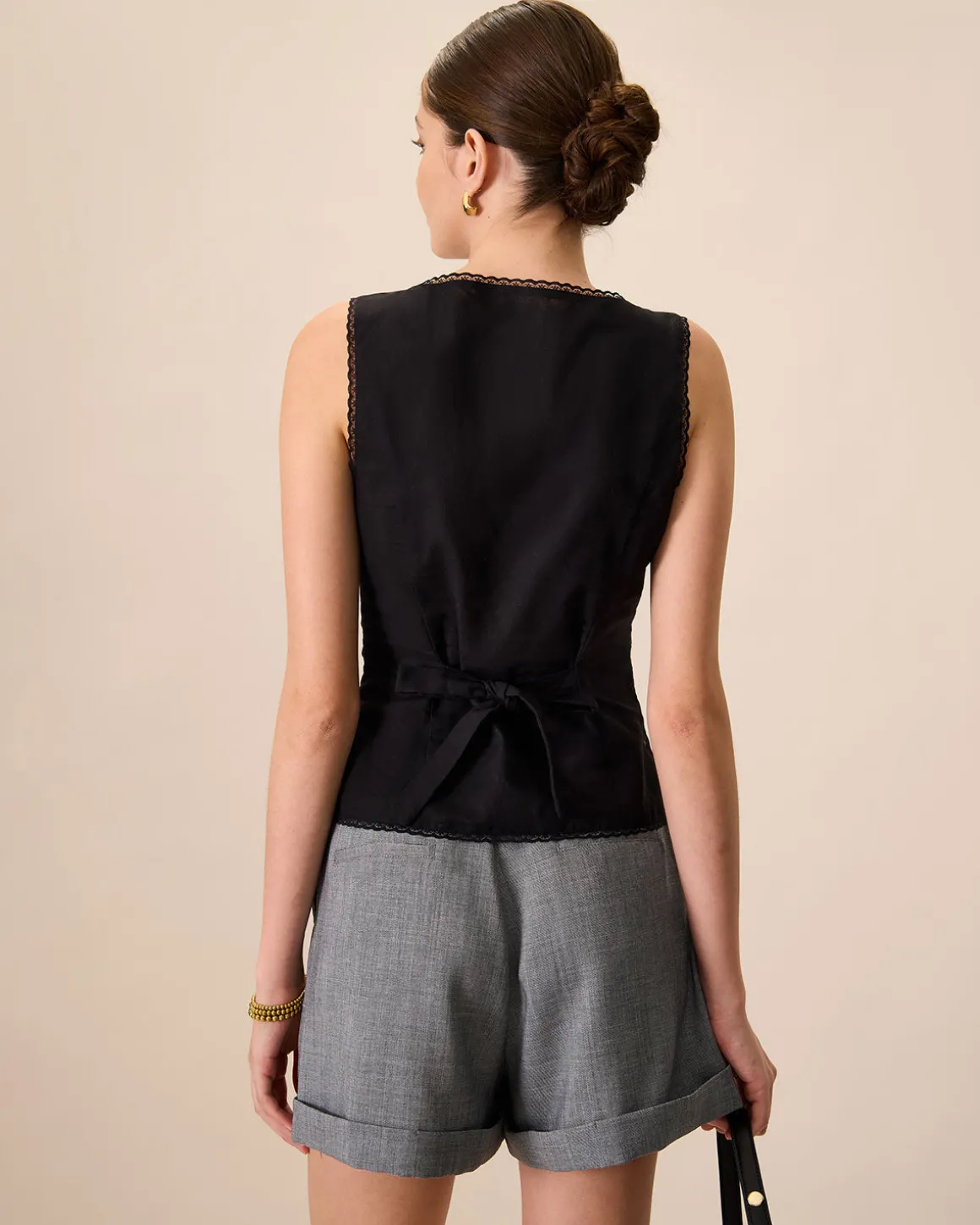 Women's Black Boat Neck Cotton Linen Vest