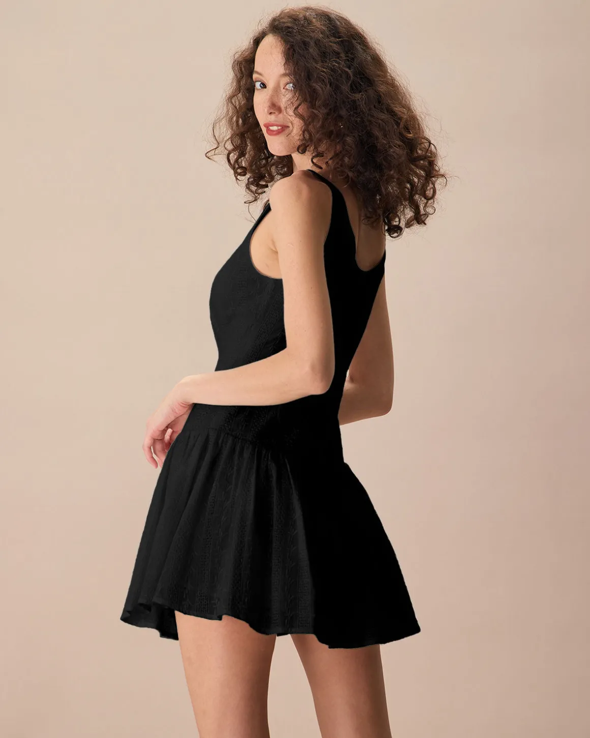 Women's Black Boat Neck Jacquard Cotton Mini Dress