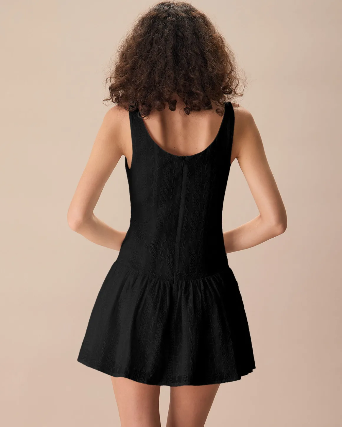 Women's Black Boat Neck Jacquard Cotton Mini Dress