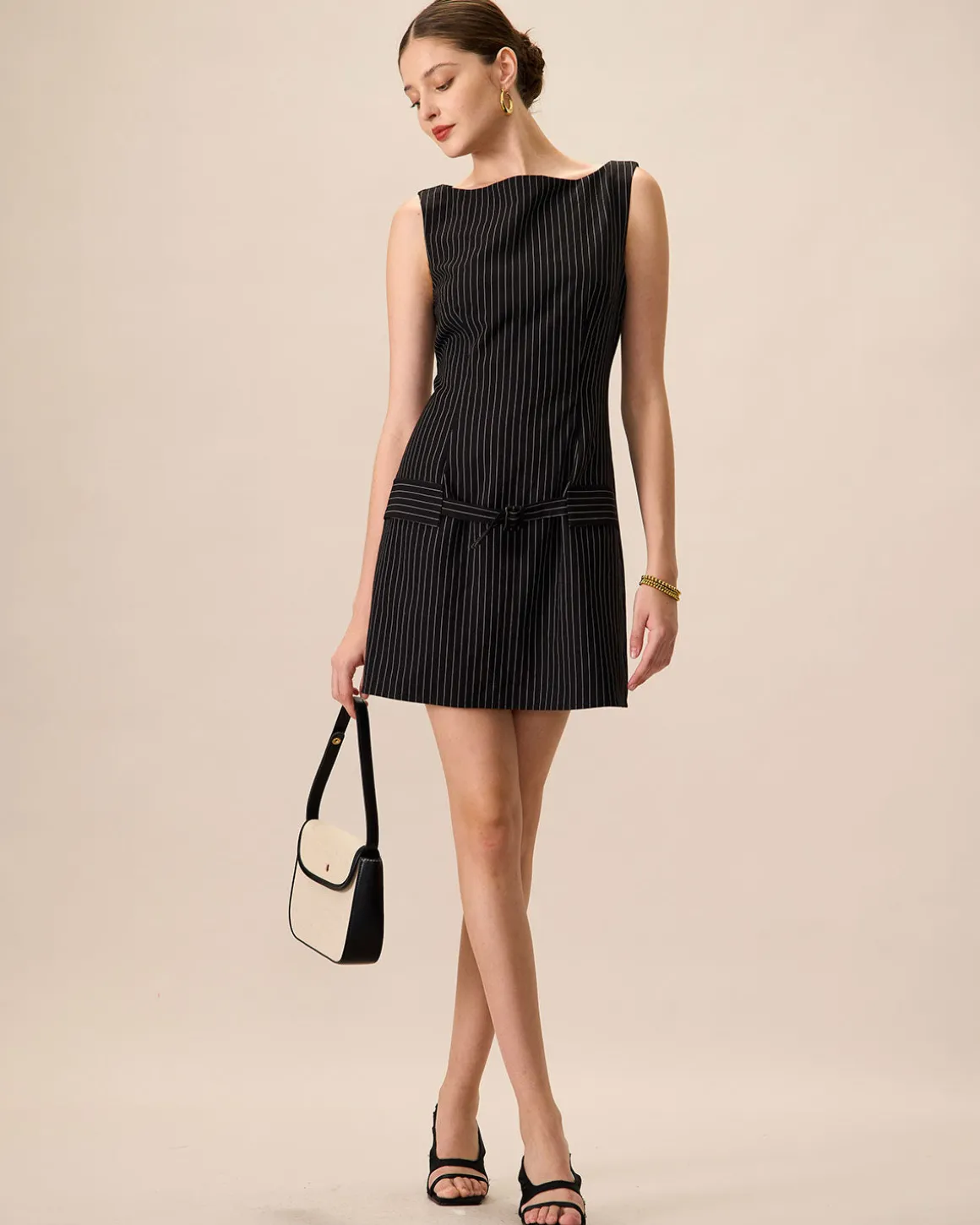 Women's Black Boat Neck Striped Mini Dress
