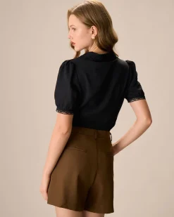 Women's Black Chelsea Collar Lace Trim Cotton Blouse