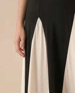 Women's Black Contrasting Pleated Slip Maxi Dress