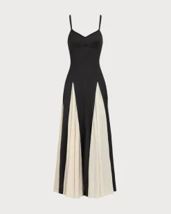 Women's Black Contrasting Pleated Slip Maxi Dress