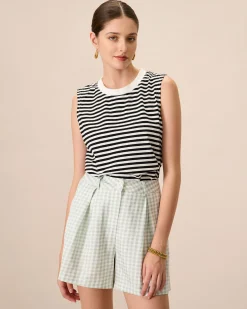 Women's Black Crew Neck Cotton Striped Tank Top