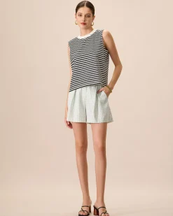 Women's Black Crew Neck Cotton Striped Tank Top