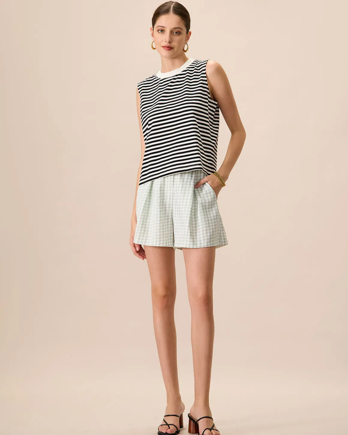Women's Black Crew Neck Cotton Striped Tank Top
