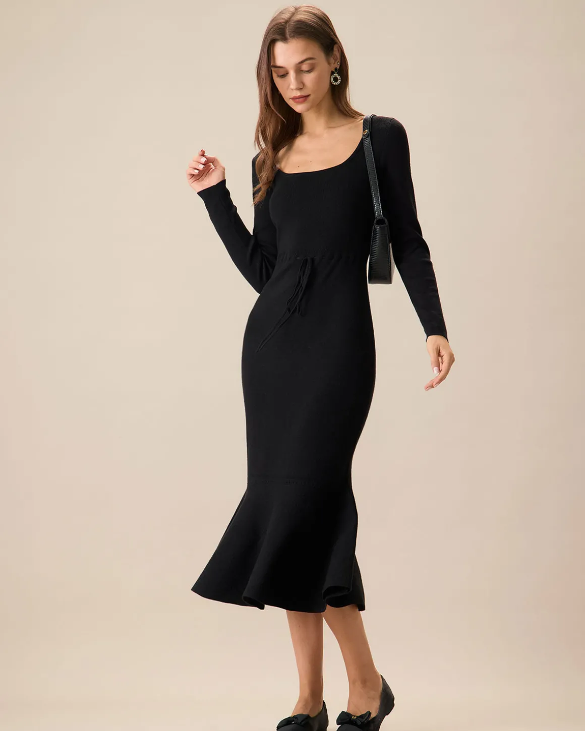 Women's Black Square Neck Mermaid Sweater Maxi Dress