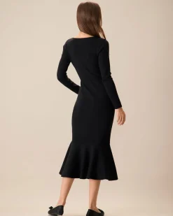 Women's Black Square Neck Mermaid Sweater Maxi Dress