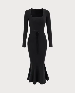 Women's Black Square Neck Mermaid Sweater Maxi Dress