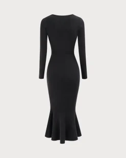 Women's Black Square Neck Mermaid Sweater Maxi Dress