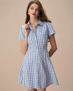 Women's Blue Plaid Lapel Cotton Mini Dress