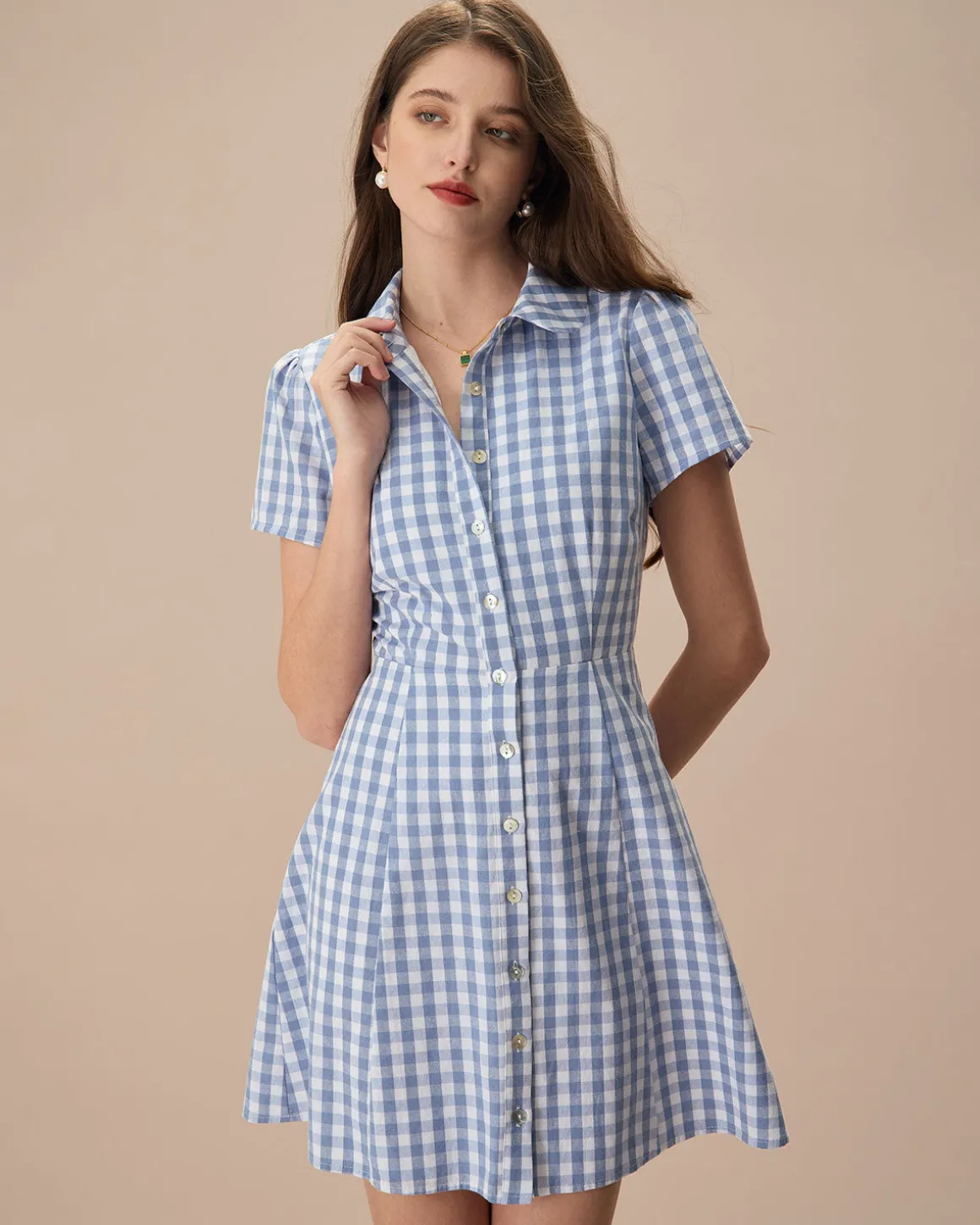 Women's Blue Plaid Lapel Cotton Mini Dress