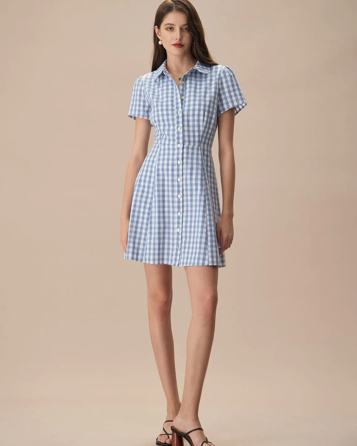 Women's Blue Plaid Lapel Cotton Mini Dress