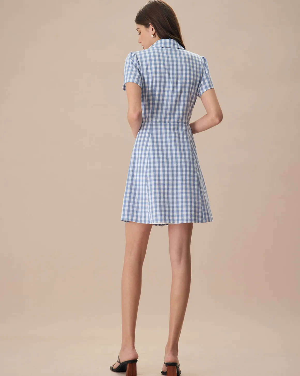 Women's Blue Plaid Lapel Cotton Mini Dress